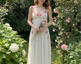 Vestido largo de malla con apliques florales – Vestido de novia estilo bohemio de cuento de hadas