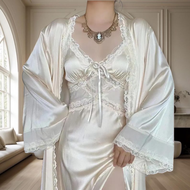 Ivory Satin Lingerie Set, Vintage Lace Robe and Slip, Bridal Sleepwear