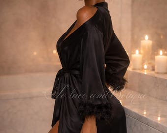 Satin-Feder-Brautkleid | Luxe Boudoir Kimono | Braut immer bereit Kleid | Feder Ärmel Morgenmantel | Hochzeitsnacht Dessous Geschenk