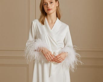 White Feather Cuff Bridal Robe: Satin Wedding Getting Ready Gown