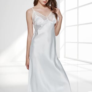 White Satin Lace Nightgown: Elegant Bridal Maxi Slip Dress