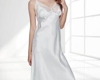 White Satin Lace Nightgown: Elegant Bridal Maxi Slip Dress