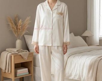 Bridal Satin Pajama Set with Lace Trim – Elegant Wedding Morning Sleepwear