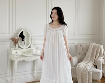 Victorian White Cotton Nightgown: Summer Lace Princess Sleep Dress