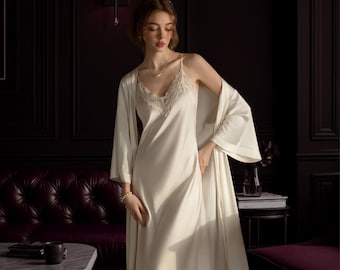 Conjunto de robe de noiva em renda – camisola de seda, lingerie para lua de mel