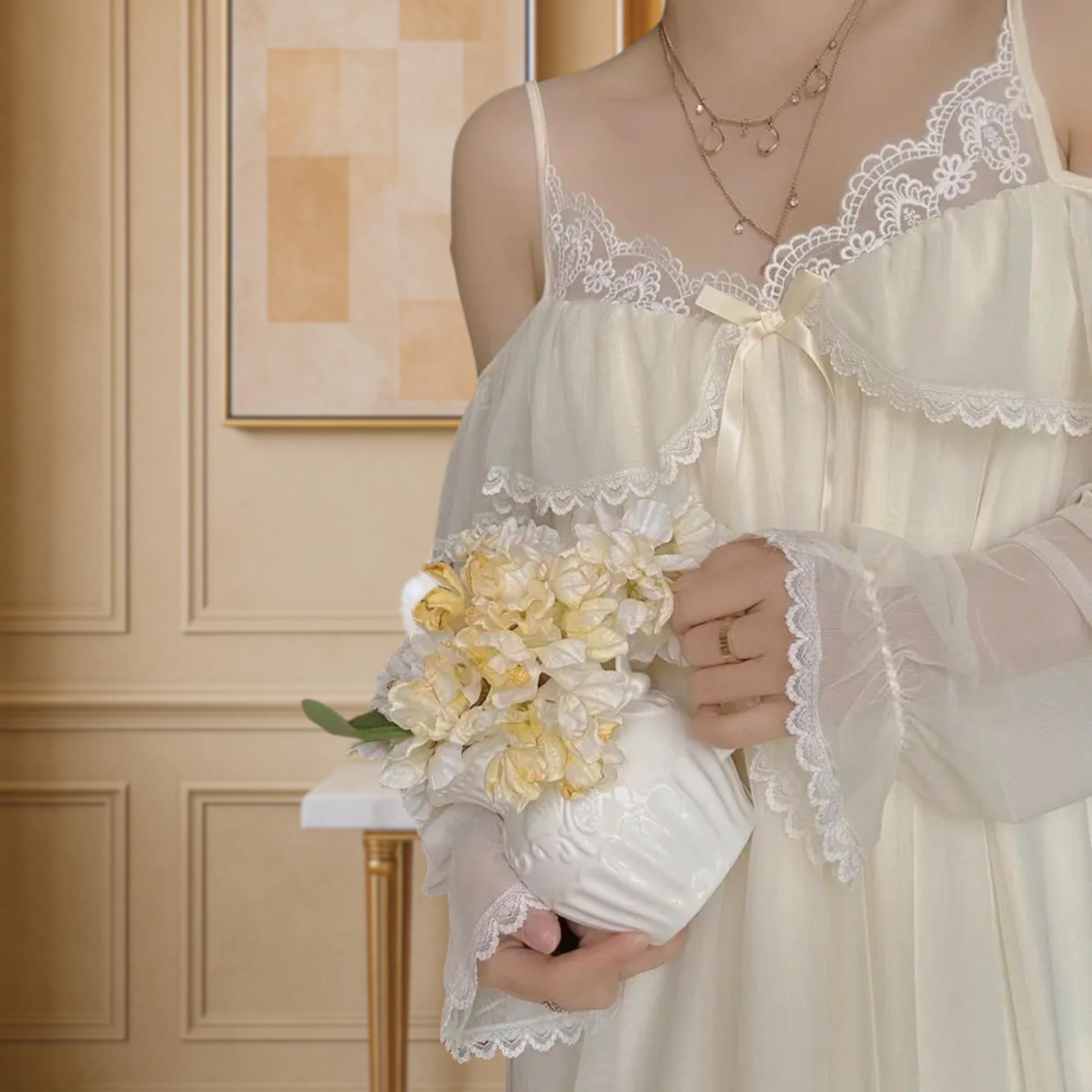 white satin sleep dress Vintage-Inspired Cream White Satin Nightgown with Lace Trim Robe