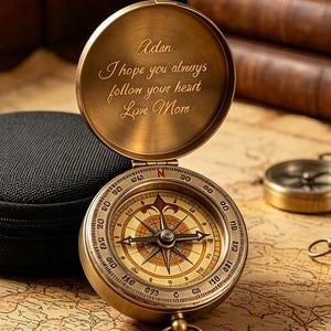 May include: A brass pocket compass with a hinged lid featuring the engraved text: Adan, I hope you always follow your heart, Love Mom. The compass has a circular face with cardinal directions and a central needle, accompanied by a black case.