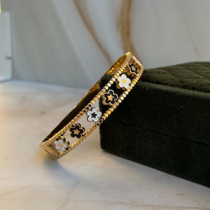 Gold Clover Bangle Bracelet, Black & White Clover Jewelry, 18k Gold Plated Stainless Steel