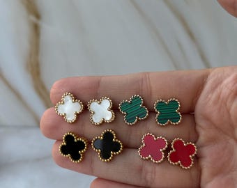 White Clover Stud Earrings, Gold Border Minimalist Earrings, Dainty Jewelry For everyday use
