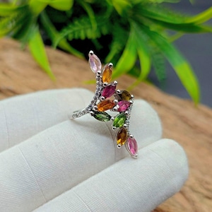 925 Sterling Silver Ring, Natural Marquise Cut Multi Tourmaline Ring, Engagement Ring , Silver Gemstone Ring For Women, Gift For Her
