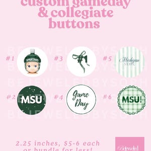 May include: Six circular buttons featuring collegiate designs. Button 1 shows a baby in a Spartans helmet. Button 2 is dark green with white MSU text. Button 3 features a green ribbon. Button 4 says Game Day. Button 5 has Michigan State text. Button 6 is green plaid with MSU! text.