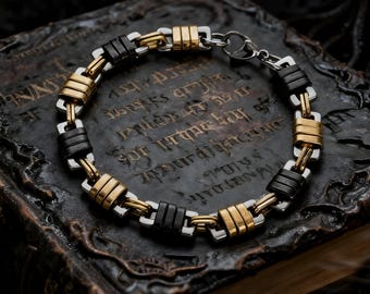 Vintage Gothic Black and Yellow Chain Bracelet/Punk Style Bracelet/Motorcycle Rider Jewelry