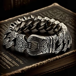 Puede incluir: Una pulsera plateada con un diseño intrincado y grabado. La pulsera presenta una serie de eslabones interconectados, con un cierre detallado. El diseño incluye patrones arremolinados y formas geométricas, creando una apariencia audaz y texturizada. La pulsera se muestra sobre una superficie oscura y texturizada.