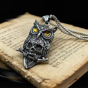 Puede incluir: Collar con colgante de búho plateado con diseño de calavera. El búho tiene ojos de piedra preciosa amarilla y sostiene un hueso. El collar, con una cadena plateada, descansa sobre un libro abierto.