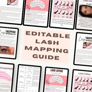 May include: A collection of instructional guides for lash mapping, featuring diagrams and text. The central guide reads "EDITABLE LASH MAPPING GUIDE" in brown text. Surrounding guides show lash curl types and mapping steps.