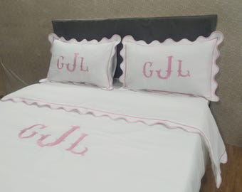 Personalized Monogram Duvet Cover Set, 400 Thread Count Cotton Sateen Scalloped and border embroidery