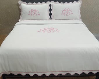 Personalized Monogram Duvet Cover Set, Scalloped and border Embroidery, 400 Thread Count