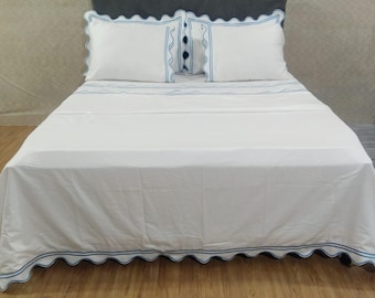 400 Thread Count White Cotton Sateen Bedding Set Scalloped and Double Border Embroidery