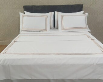 400 Thread-Count weiße Baumwollsatin 3-zeilige Stickerei Bettwäsche Set, Hotel Stitch