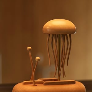 Wooden Jellyfish Automata Sculpture | Handmade Ocean Kinetic Art | Moving Wood Decor Gift