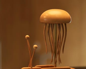 Wooden Jellyfish Automata Sculpture | Handmade Ocean Kinetic Art | Moving Wood Decor Gift