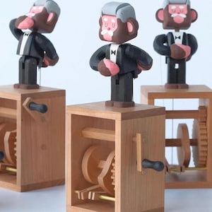 Kinetic Monkey Sculpture | Handcrafted Wooden Automaton | Interactive Moving Art | Unique Home Decor (Christmas Packaging)