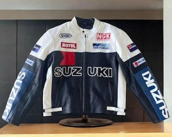 SUZUKI レザーレーシングジャケット スズキレーシングレザージャケット メンズ - ブラック ブルー MotoGP