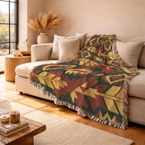 Southwestern Wheat Woven Blanket, Aztec Tribal Arrowhead Throw, Terracotta Rust Green Couch Cover, Native Style Cabin Tapestry 00307