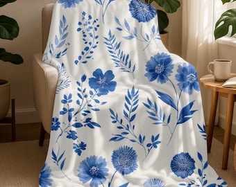 Floral Blue Fleece Sherpa Blanket, Soft Reversible Throw Blanket, Cozy Plush Bed Sofa Blanket, Vintage Botanical Design Home Decor Gift 0218