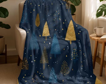 Cozy Fleece Sherpa Blanket, Navy Blue Throw with Golden Tree Pattern, Soft Warm Winter Blanket, Holiday Bedspread, Christmas Home Decor 0180