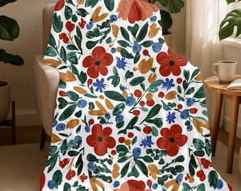 Colorful Folk Art Blanket, Red and Blue Floral Sherpa Throw, Artistic Fleece Blanket, Botanical Bedding, Cozy Home Decor, Unique Gift 0244