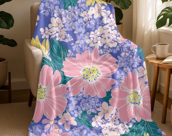 Bright Floral Sherpa Blanket, Pink Purple Flower Throw, Cottagecore Spring Bedding Gift, Bold Garden Style Cozy Blanket, Gift For Her 029