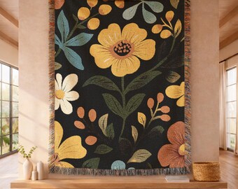 Dark Floral Woven Blanket, Moody Botanical Throw, Cozy Cottagecore Decor, Vintage Style Flower Blanket,Winter Aesthetic Home Accent Gift 005
