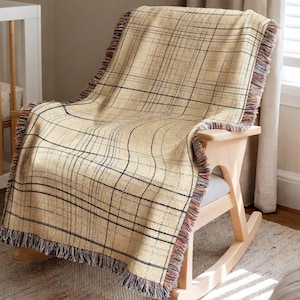Minimal Plaid Woven Blanket, Cream and Navy Grid Throw, Neutral Scandinavian Japandi Modern Home Decor, Japandi Home, Gift for her 00137