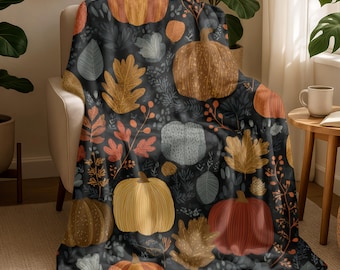 Autumn Pumpkin Fleece Sherpa Blanket, Cozy Fall Throw Blanket, Thanksgiving Decor, Warm Plush Bedspread, Farmhouse Home Gift 0187