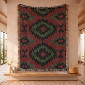 Mid Century Modern Woven Blanket, Geometric Triangle Patchwork Throw, Terracotta Navy Couch Cover, Minimalist Quilt Tapestry 00340