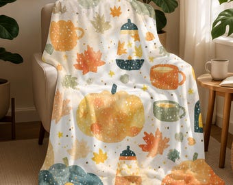 Fall Sherpa Blanket, Cozy Autumn Pumpkin Throw, Cute Cat Fleece Blanket, Warm Leaf Pattern Blanket, Soft Plush Lap Blanket Holiday Gift 0168