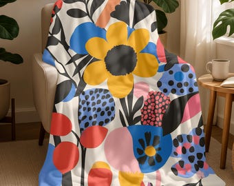 Colorful Floral Fleece Sherpa Blanket, Modern Abstract Flower Throw, Cozy Soft Blanket for Sofa Bed Couch, Boho Vibrant Room Decor Gift 054