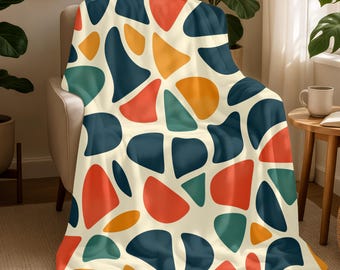 Abstract Mid Century Modern Fleece  Blanket, Colorful Geometric Throw, Retro Minimalist Cotton Tapestry, Cozy Home Decor Gift for Her 0115