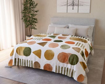 Geometric Shapes Sherpa Blanket, Retro Mid Century Throw, Earth Tone Watercolor Fleece Blanket, Cozy Modern Bedding, Abstract Home Gift 0301