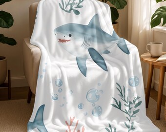 Cartoon Shark Sherpa Blanket, Cute Ocean Animal Throw, Sea Life Kids Bedding, Soft Coastal Decor Gift, Underwater Adventure Blanket 021