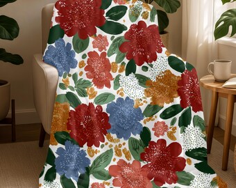 Floral Sherpa Blanket, Vintage Inspired Flower Throw, Boho Cozy Fleece Blanket, Colorful Botanical Home Decor, Warm Gift Idea 0242
