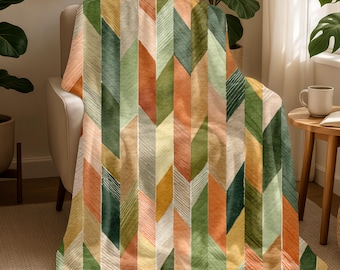 Chevron Sherpa Blanket, Mid Century Modern Throw, Retro Earth Tone Fleece Blanket, Green Orange Cozy Bedding, Geometric Home Gift 0300