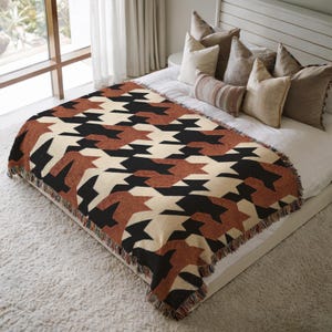 Oversized Houndstooth Woven Blanket, Terracotta Rust Throw, Mid Century Modern Couch Cover, Large Tessellated Tapestry, Gift For Him 00308