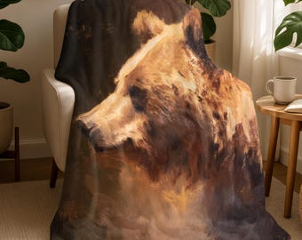Brown Bear Woven Blanket, Rustic Wildlife Art Throw, Cozy Cabin Forest Decor, Soft Cotton Tapestry, Nature Inspired Gift for Him Her 090