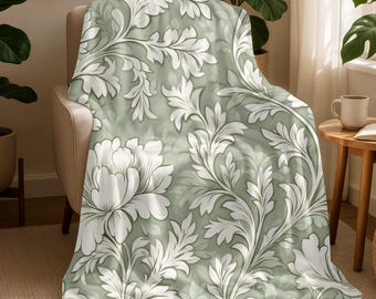 William Morris Sherpa Blanket, Vintage Floral Throw Blanket, Green Botanical Pattern, Cottagecore Cozy Bed Sofa Decor, Gift For Her Mom 040