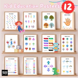 12 Education Poster Set | Learning Art Prints | Homeschool Classroom Playroom Decor | Montessori Alphabet Color Number | DIGITAL FILES