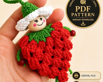 Crochet Strawberry Doll Pattern PDF, Amigurumi Fruit Keychain Charm