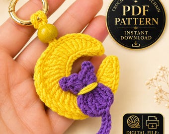 Crochet Moon Keychain Pattern PDF, Crescent Moon Bag Charm Tutorial, Cute Keyring Ornament