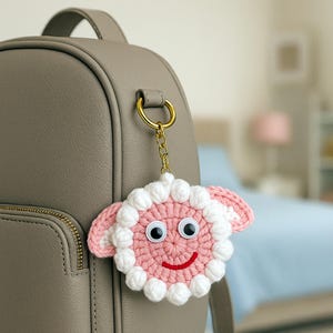Sheep Face Crochet Keychain Pattern PDF Fluffy Round Smiley Applique Bag Charm Tutorial, English & German image 7
